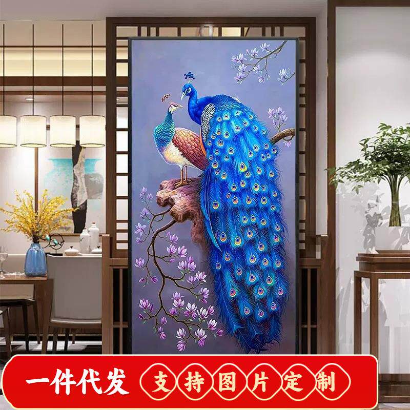 中式双孔雀钻石画满钻客厅玄关竖版比翼双飞点钻十字绣走廊砖石画