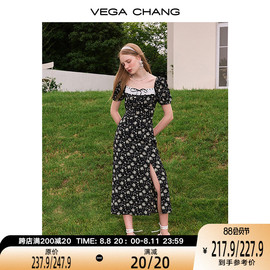 VEGA CHANG黑色碎花连衣裙夏2023女装法式小众开叉茶歇裙子