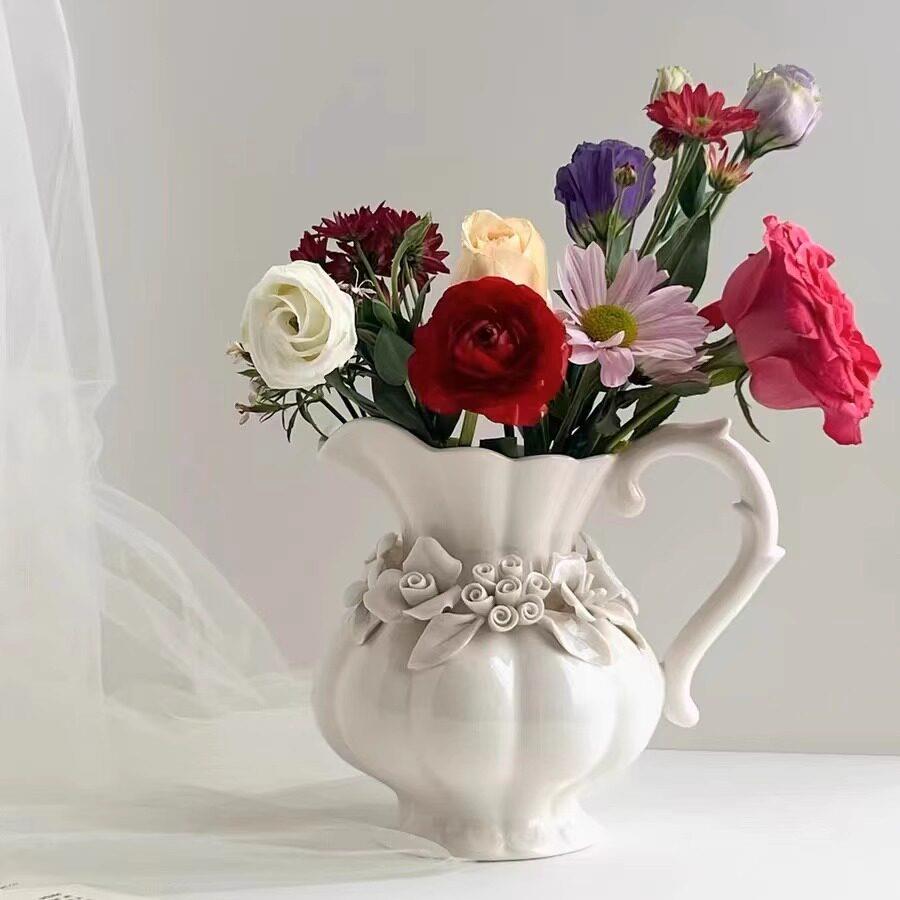 外贸自带仙气手工立体花团团花奶白色奶壶花瓶Lenox法式白色陶瓷