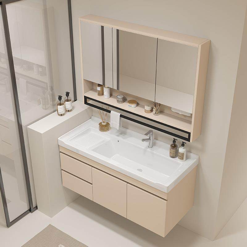 奶油风陶瓷一体盆浴室柜组合带搓板洗手盆洗脸盆柜现代简约洗漱台,家装主材,浴室柜组合,淘宝优惠券,粉丝福利购,淘宝优惠卷
