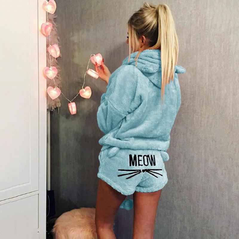 set cat pajamas casual two-piece embroidered Womens hooded
