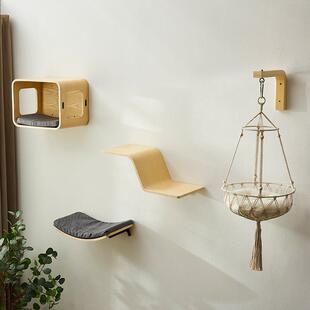 弯曲板猫墙猫爬架墙壁式实木猫窝一体猫架子猫咪跳板跨境