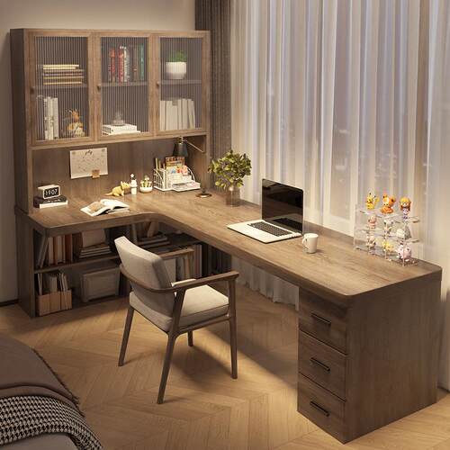 复古电脑桌转角工作台原木办公桌L型双人学习桌实木书桌书柜一体