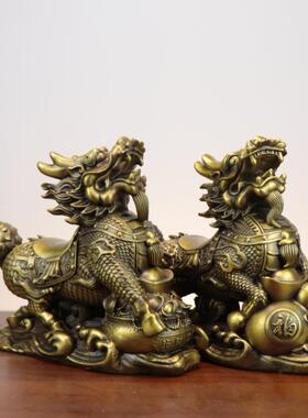 铜麒麟摆件一对聚宝盆麒麟家用办公室客厅玄关桌面铜摆件礼品