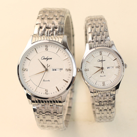 潮流超薄镶钻双日历钢带情侣手表一对时尚男女士学生石英腕表