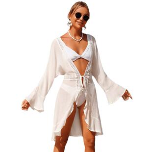 防晒海边度假泳衣外搭比基尼遮挡裙 蕾丝拼接长袖 泳衣罩衫 沙滩开衫