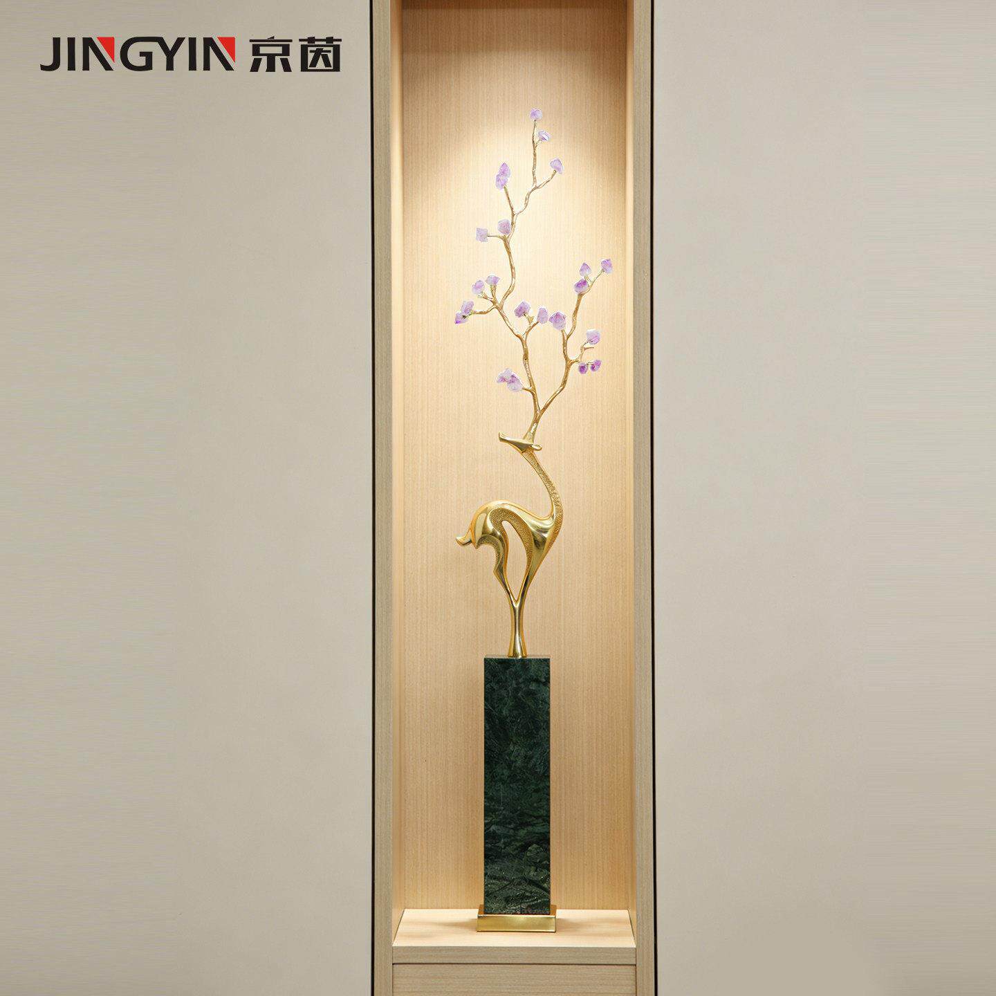 一鹿高升紫水晶黄铜福鹿装饰品入户玄关壁龛竖高艺术乔迁新居摆件