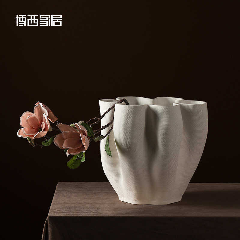 博西家居 素色白色陶瓷大花瓶摆件 现代简约设计师样板房落地花盆