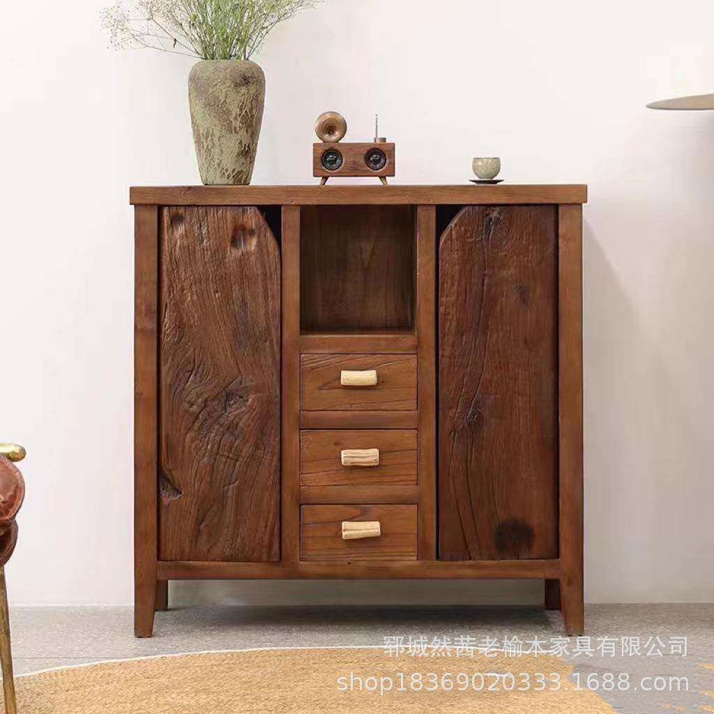 中式客厅茶水柜实木靠墙老榆木烧水柜客厅边柜厨房碗勺餐具收纳柜