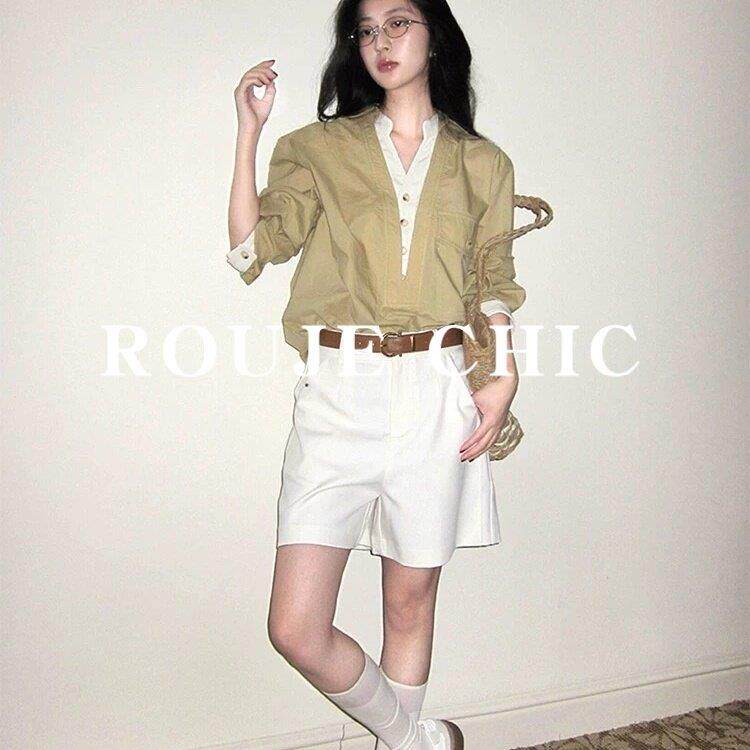 法国rouje chic假两件老钱风V领撞色长袖衬衫女春季休闲宽松上衣