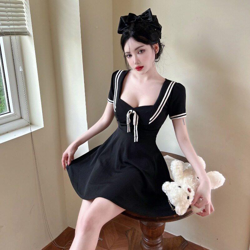 夏季性感方领连衣裙女足浴技师工作服学院风制服裙腰字裙短裙