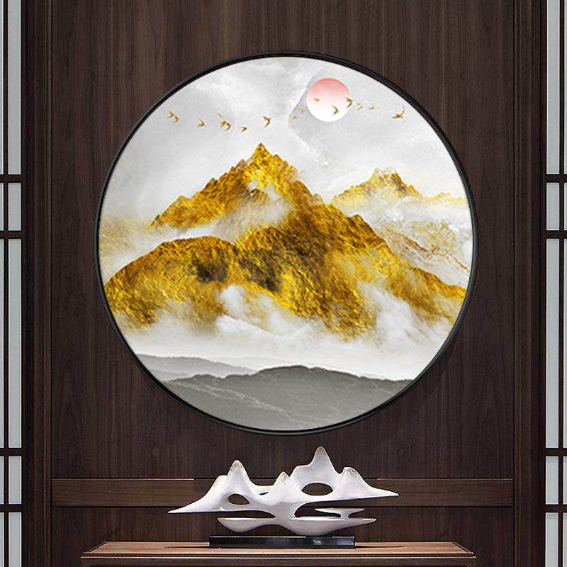 玄关装饰画新中式入户过道走廊客厅山水圆形挂画现代简约风水壁画