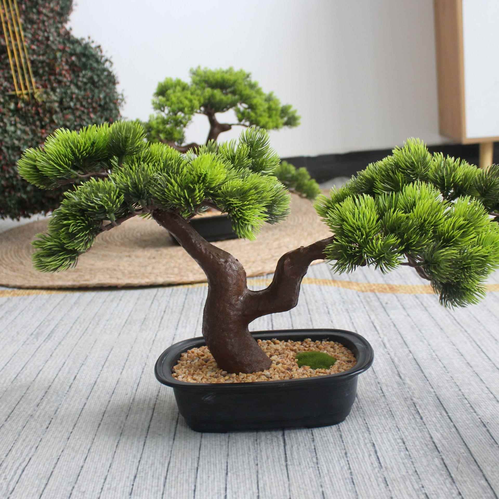 仿真绿植室内装饰造景假树小型新中式仿真迎客松树罗汉松盆栽摆件