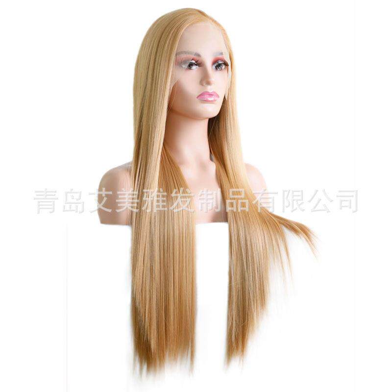 新款直销欧美外贸假发女化纤前蕾丝金色中长发仿真自然全头套Wigs