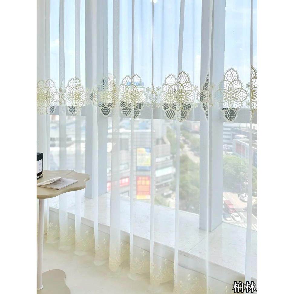 新款欧式绣花窗纱帘白色帘透光蕾丝白纱成品阳台飘窗打孔挂钩定制