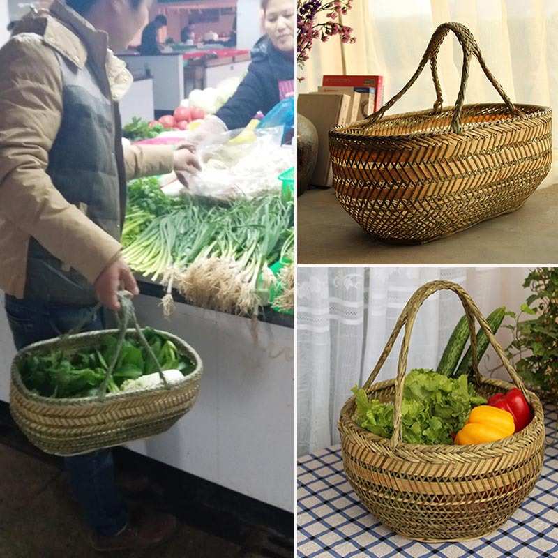 手工竹编藤条编织手提菜篮子收纳筐鸡蛋水果篮买菜手提圆篮竹篓筐