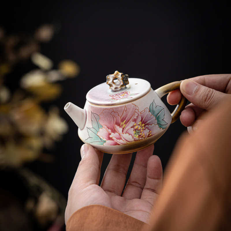 李辉熠粉柴手绘富贵牡丹功夫茶具泡茶壶汝瓷开片可养轻奢高档礼品