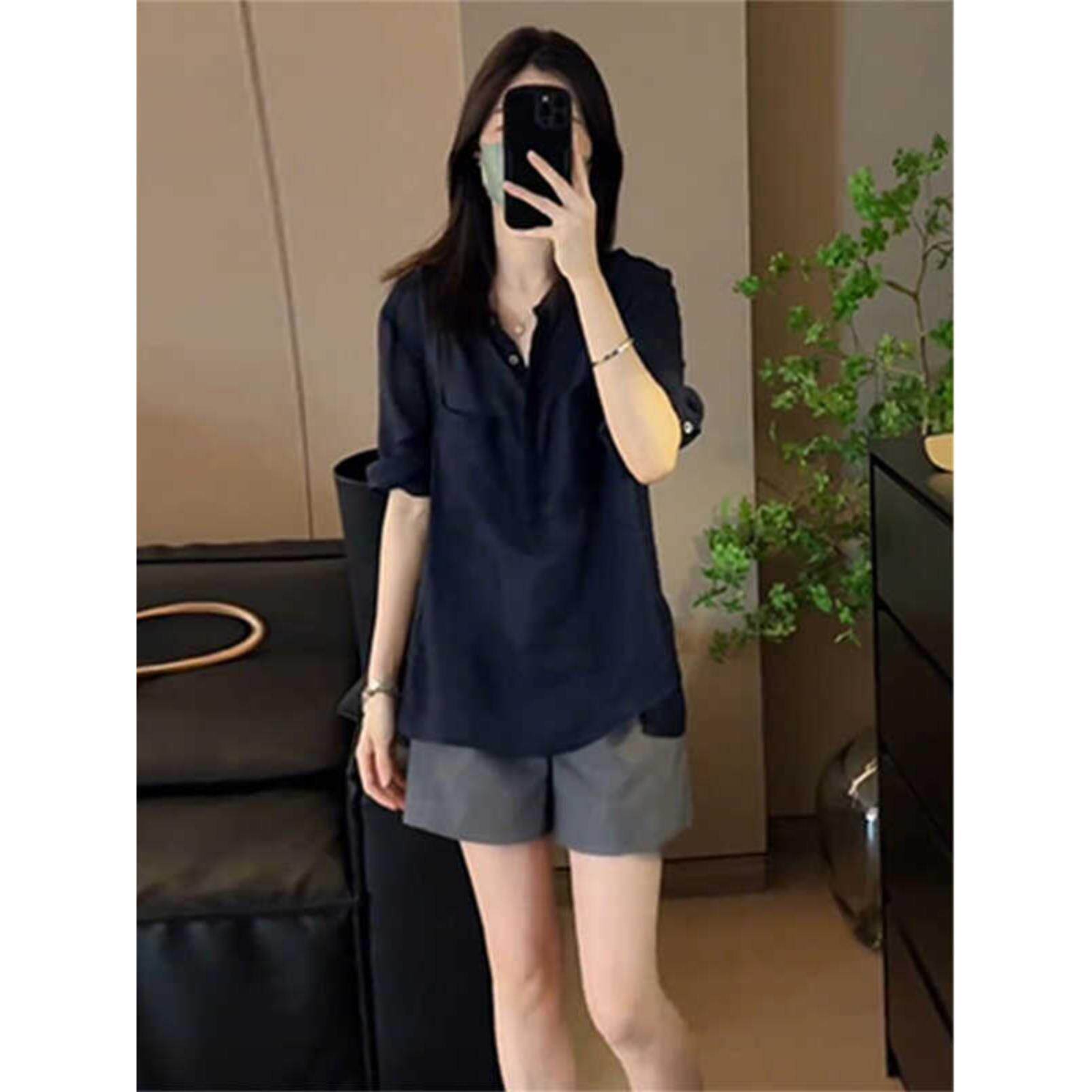 休闲 套装女夏季2025新款韩版洋派宽松显瘦薄款防晒衬衫短裤两件