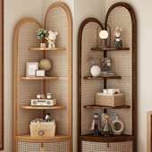 藤编转角置物架餐边柜实木边角柜墙角落地三角柜子客厅拐角收纳柜