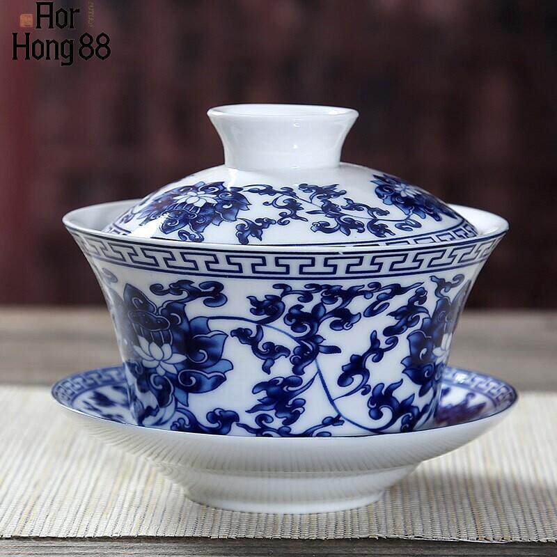 青花瓷盖碗泡茶壶德化白瓷三才功夫茶具组大号陶瓷敬茶碗礼盒装
