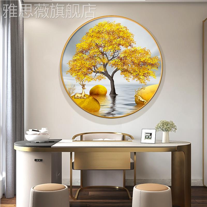 网红发入财树圆形厅玄关装饰轻画现代走奢高户档廊过道壁挂画客餐图片