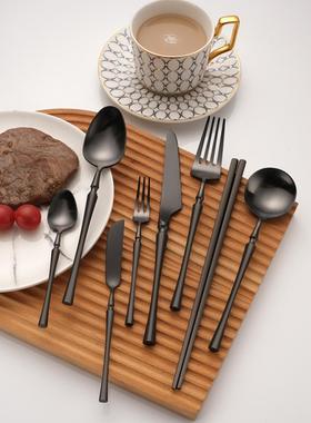 北欧ins小蛮腰哑光黑色304不锈钢刀叉勺西餐牛排餐具套装汤勺叉子