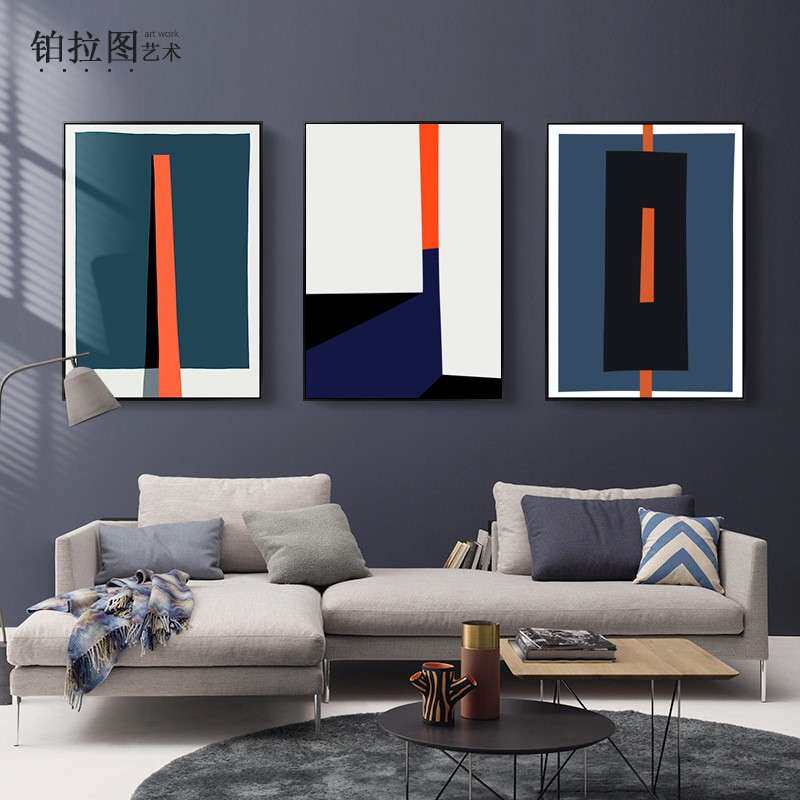 印象派几何抽象装饰画极简风格客厅三联挂画现代玄关巨幅壁画