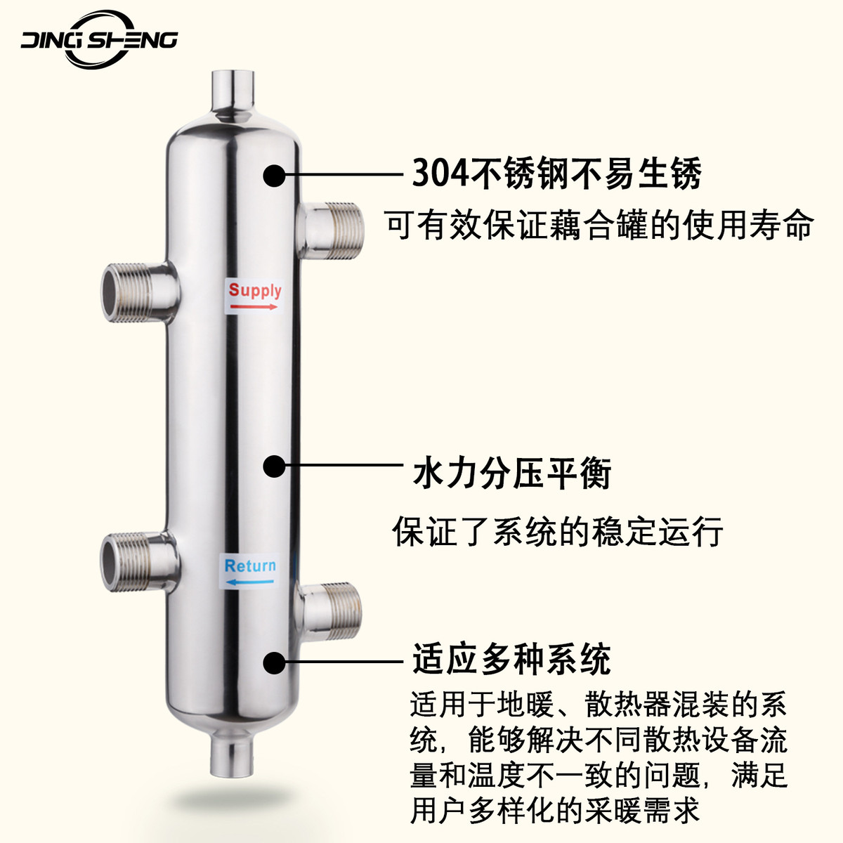 新款地暖壁挂炉耦合罐混水罐水力分压器去藕罐不锈钢压力平衡器2.