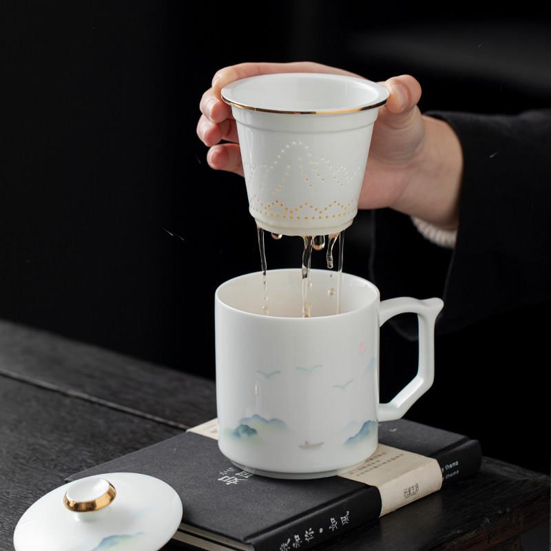 玲珑茶水分离杯办公室泡茶杯德化白瓷大容量喝水带盖杯子定制送礼
