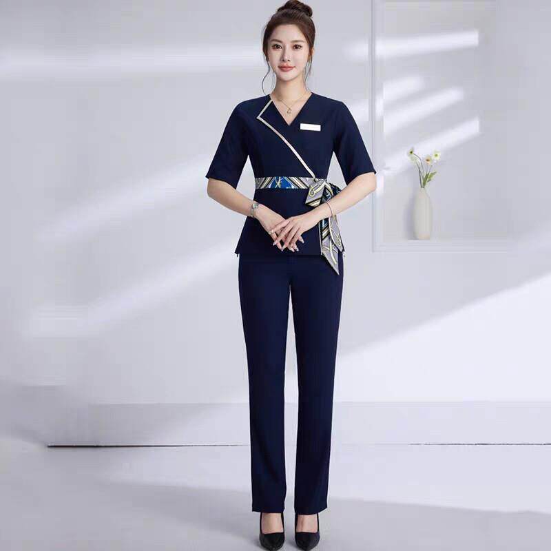 春夏新款足疗技师工作服女高端沐足店养生会所连衣裙套装
