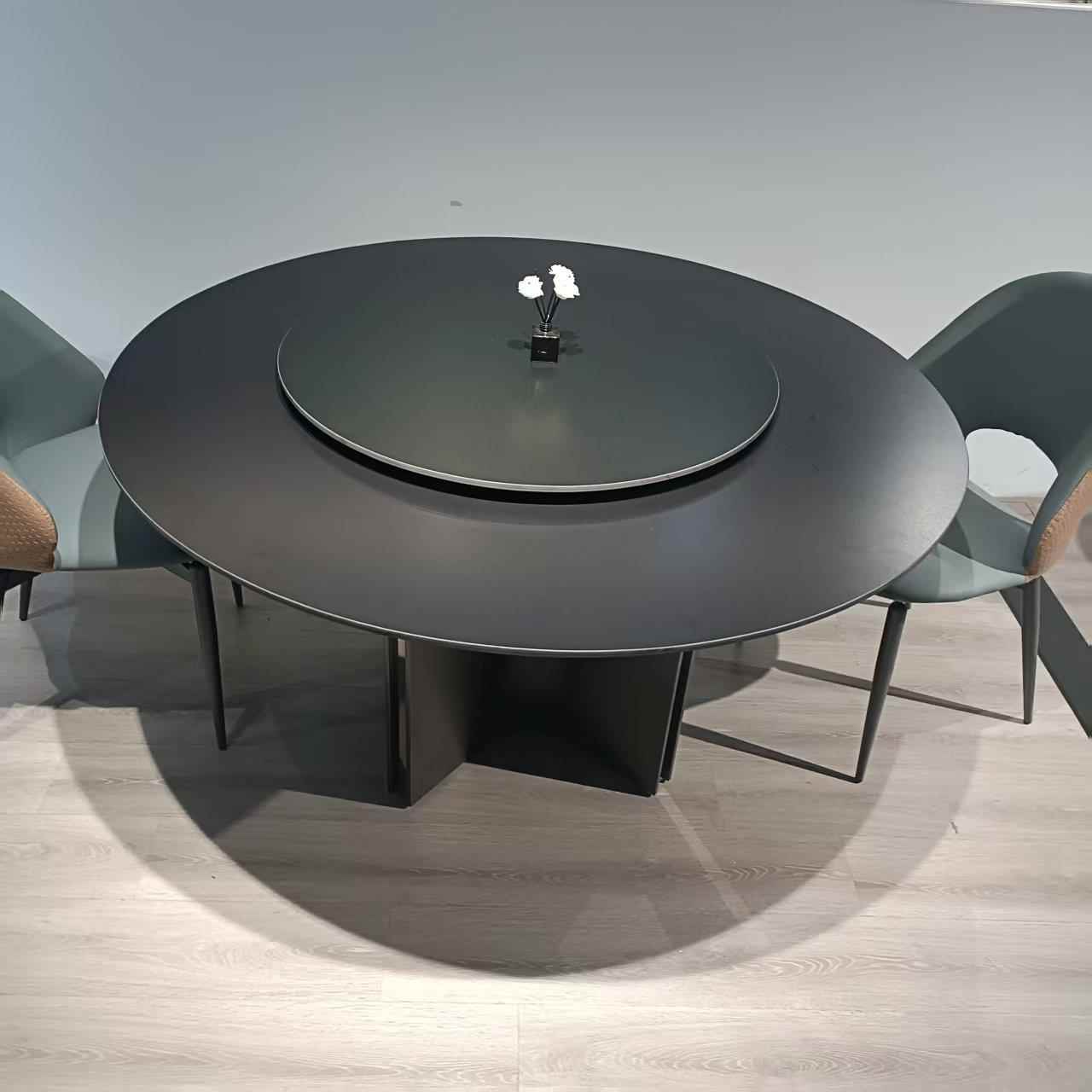 意式轻奢岩板餐桌家用设计师小户型餐厅圆形带转盘旋转黑色餐桌