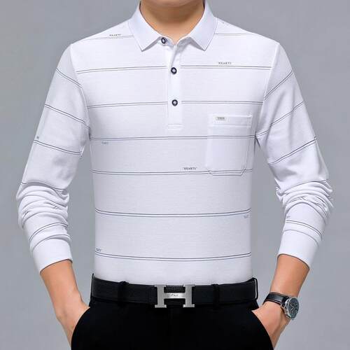 秋季新款中青男士长袖恤翻3713-B+领年条装纹桑丝蚕打底爸爸衫