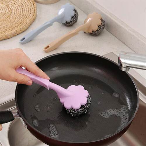 Steel Wool Scrubbing Brush with Handle, Dish and Pot Cleanin