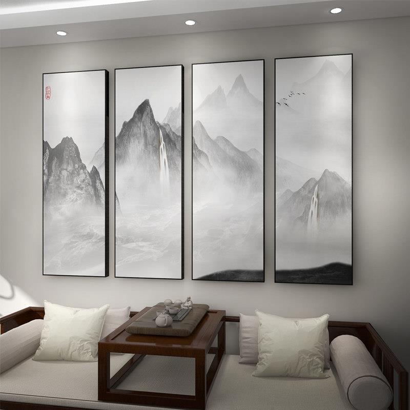中式客厅山水画 画水墨茶室装饰画 画条屏办公室挂画 画堂屋中堂