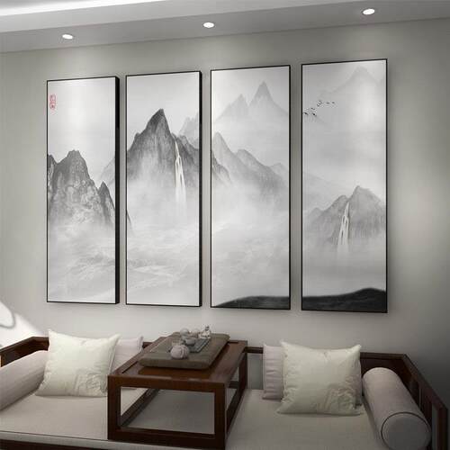 中式客厅山水画 画水墨茶室装饰画 画条屏办公室挂画 画堂屋中堂