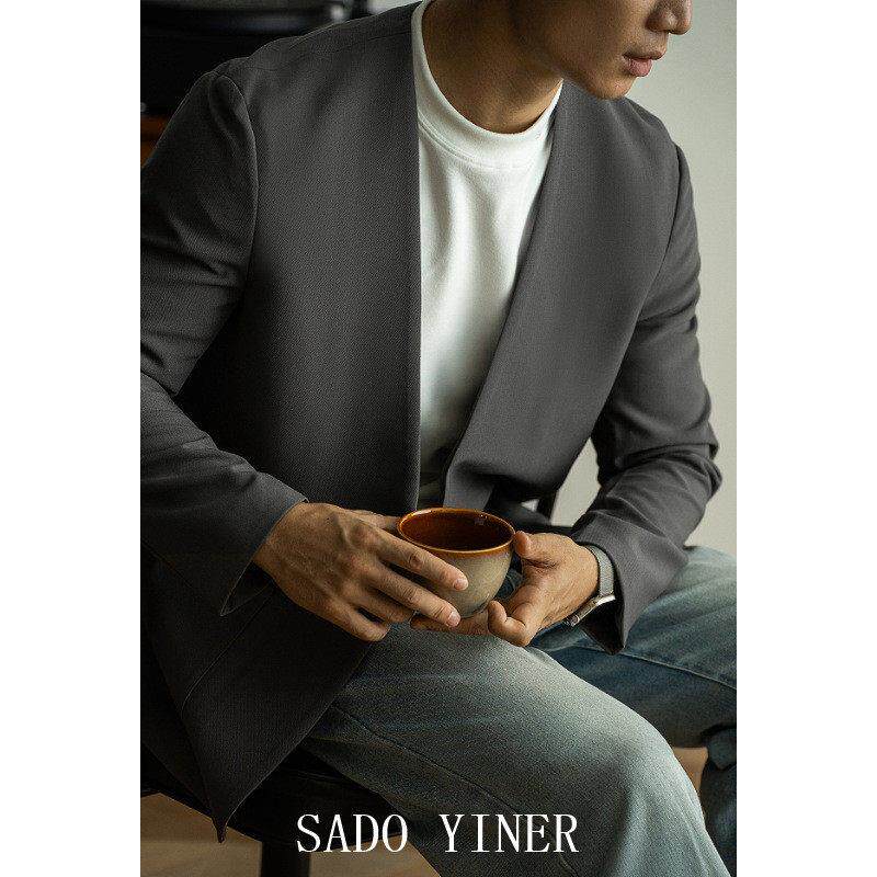 SADO YINER无领扣轻熟商务男士西装2026春季新款免烫休闲上衣外套