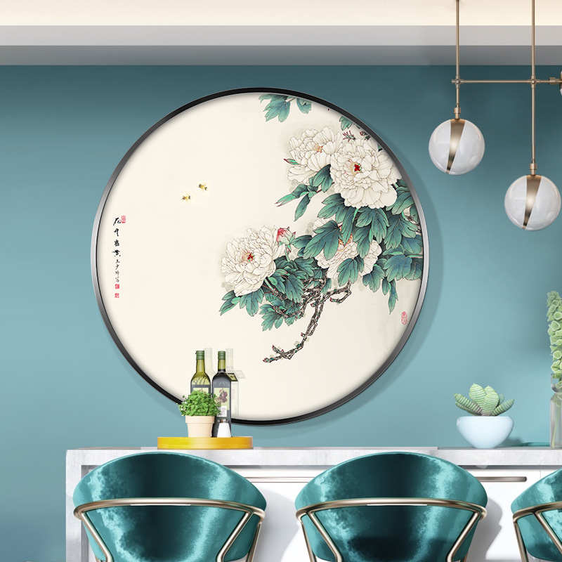 【十年老店】新中式圆形装饰画客厅壁画玄关挂画花开富贵牡丹图图片