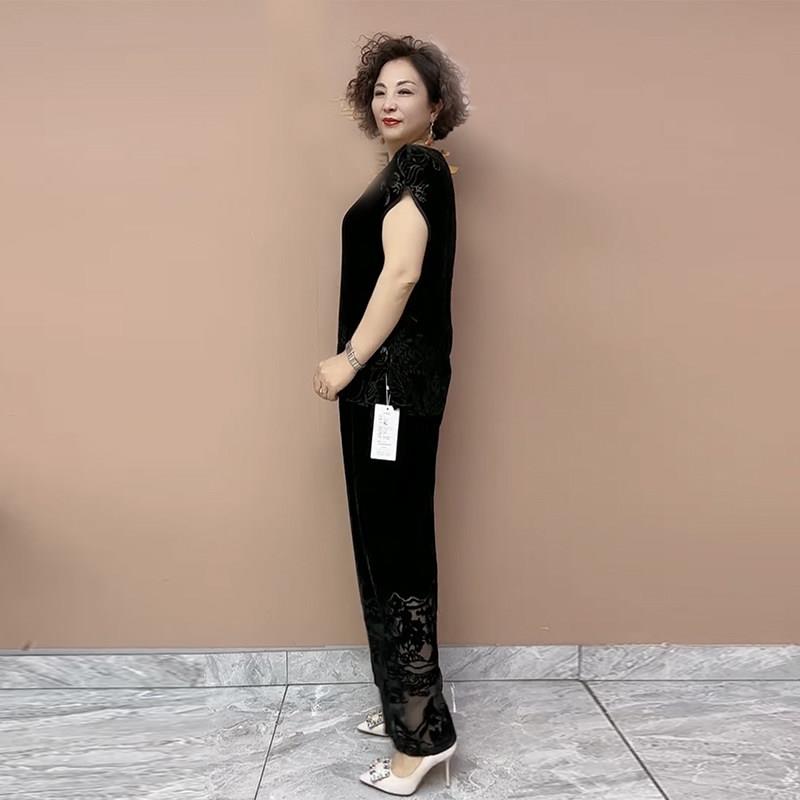 极速洋气妈妈丝绒烧花短袖上衣镂空阔腿裤时尚大码减龄早秋新款两