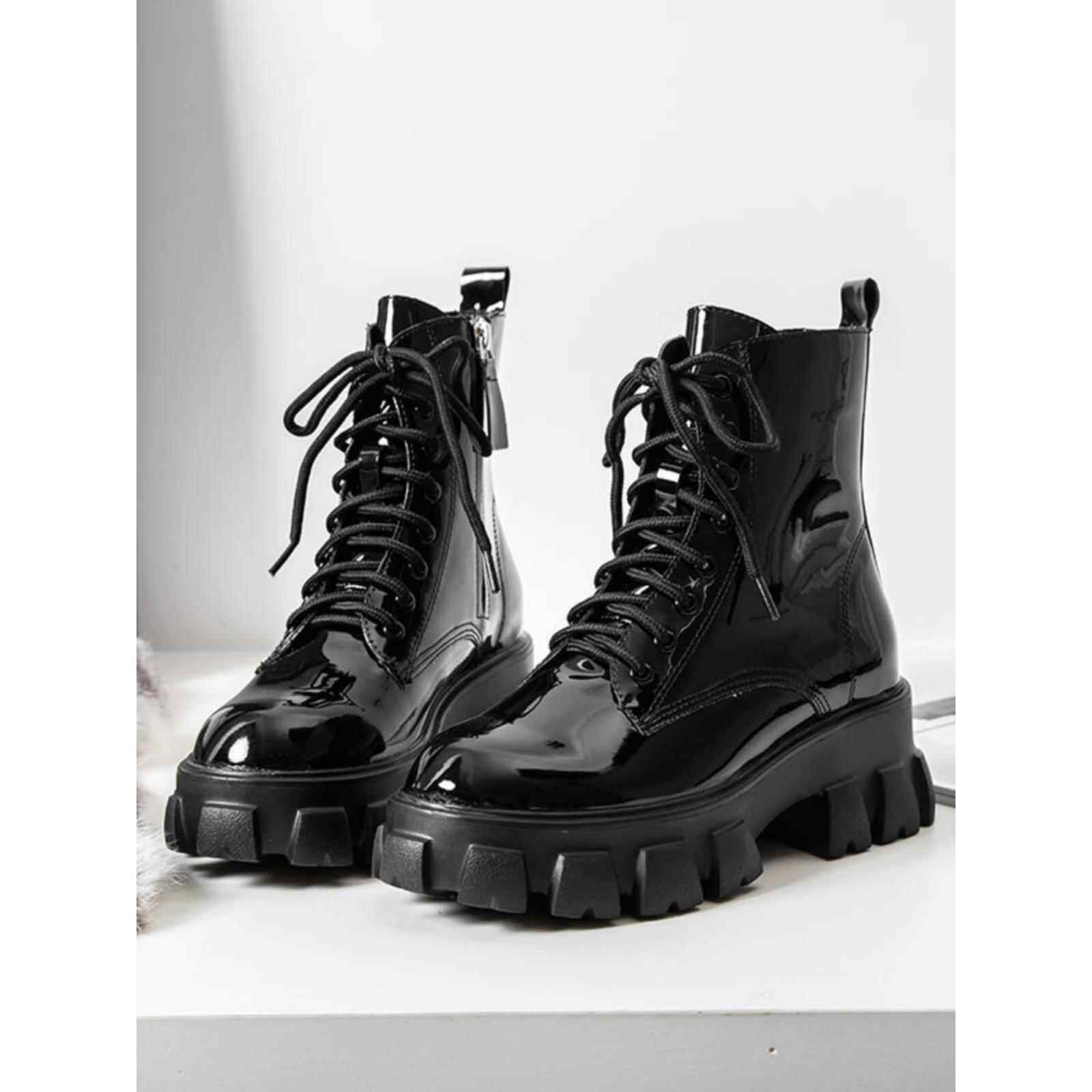 香港厚底马丁靴女英伦风增高单靴中筒靴百搭冬季漆皮黑色加绒短靴