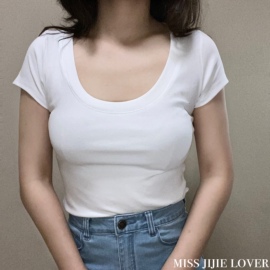 missjijielover正肩高弹力大圆领全棉修身显瘦纯色短袖t恤打底衫