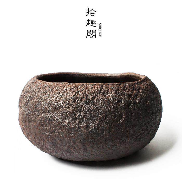 手工粗陶花盆 复古陶瓷花器 茶席摆件水盂 怀旧风多肉铜钱草花盆