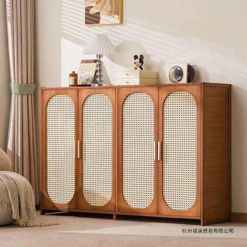 书架落地矮书柜复古风客厅玄关家用收纳置物柜带门防尘储物柜子竹