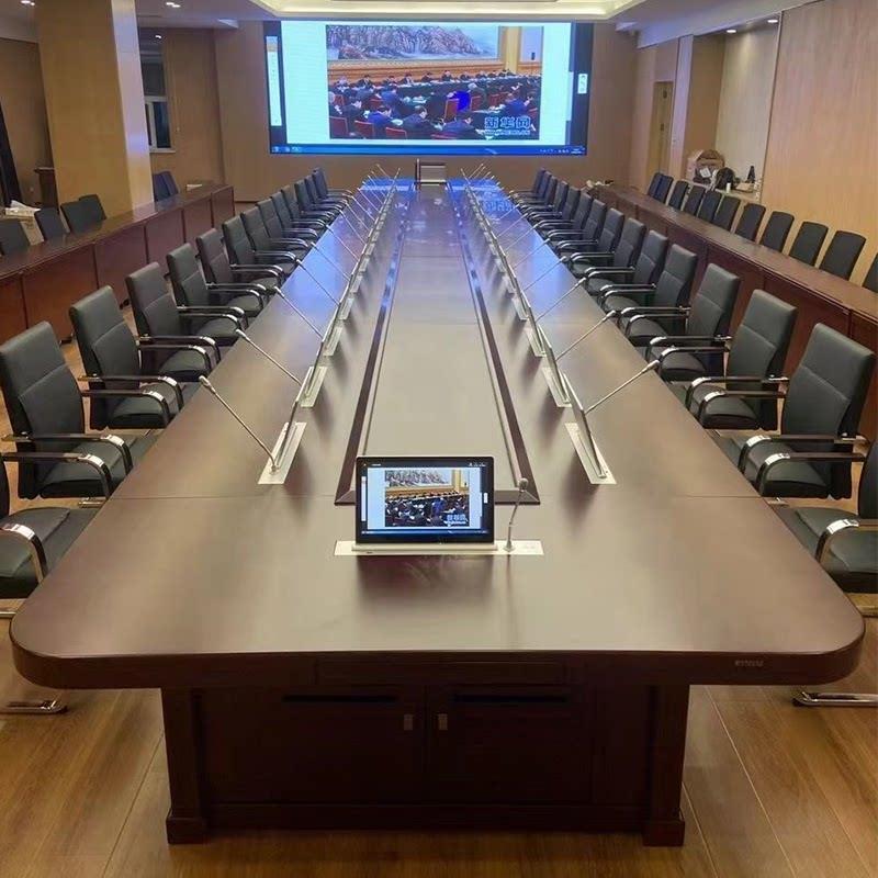 无纸化会议系统智能化升降屏烤漆会议桌大型油漆实木带台面显示器