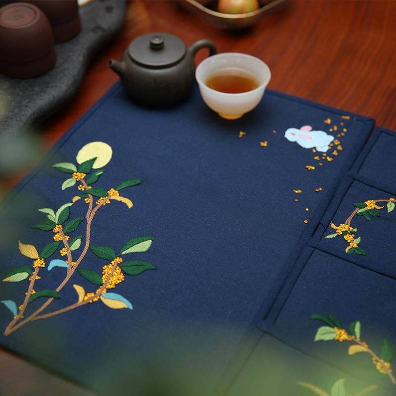 刺绣diy材料包茶席四件套 手工鲁绣兔子桃花针线包客厅茶垫杯垫