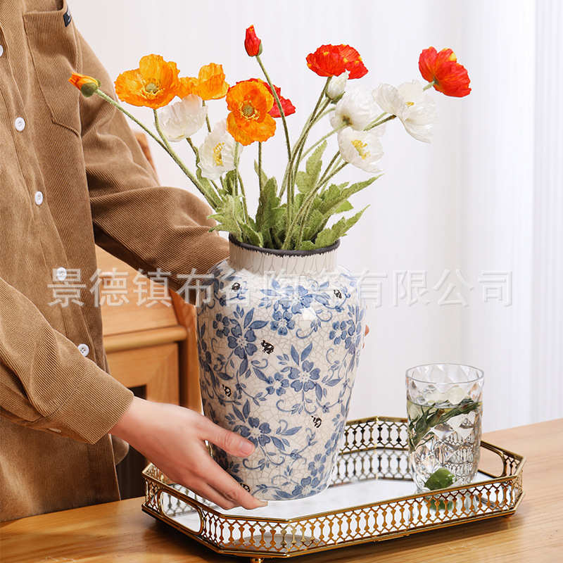 景德镇青花瓷裂纹釉花瓶仿古做旧陶瓷圆罐家居插花水培瓶装饰摆件