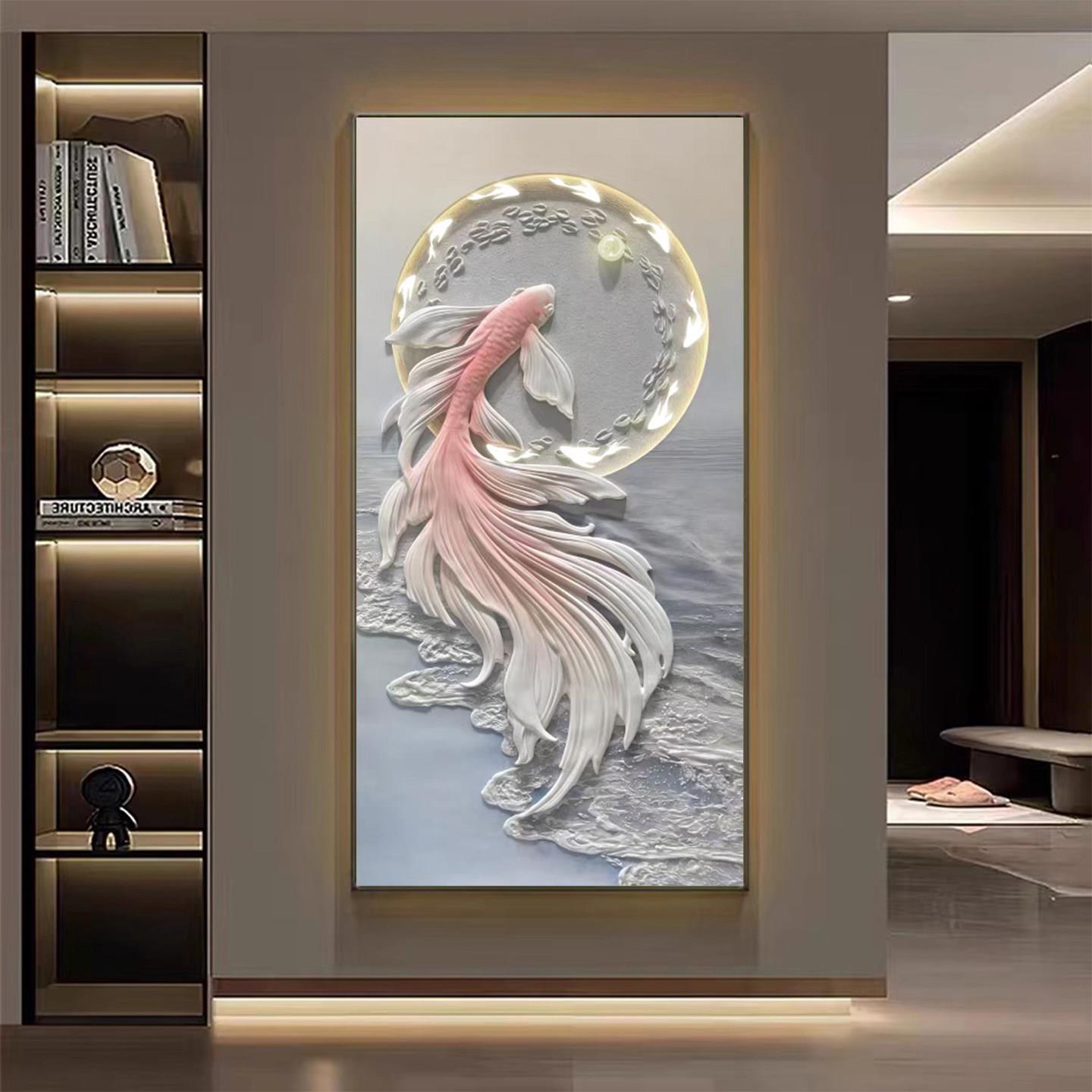 现代简约入户玄关装饰画LED灯画九鱼图走廊过道挂画客厅晶瓷壁画