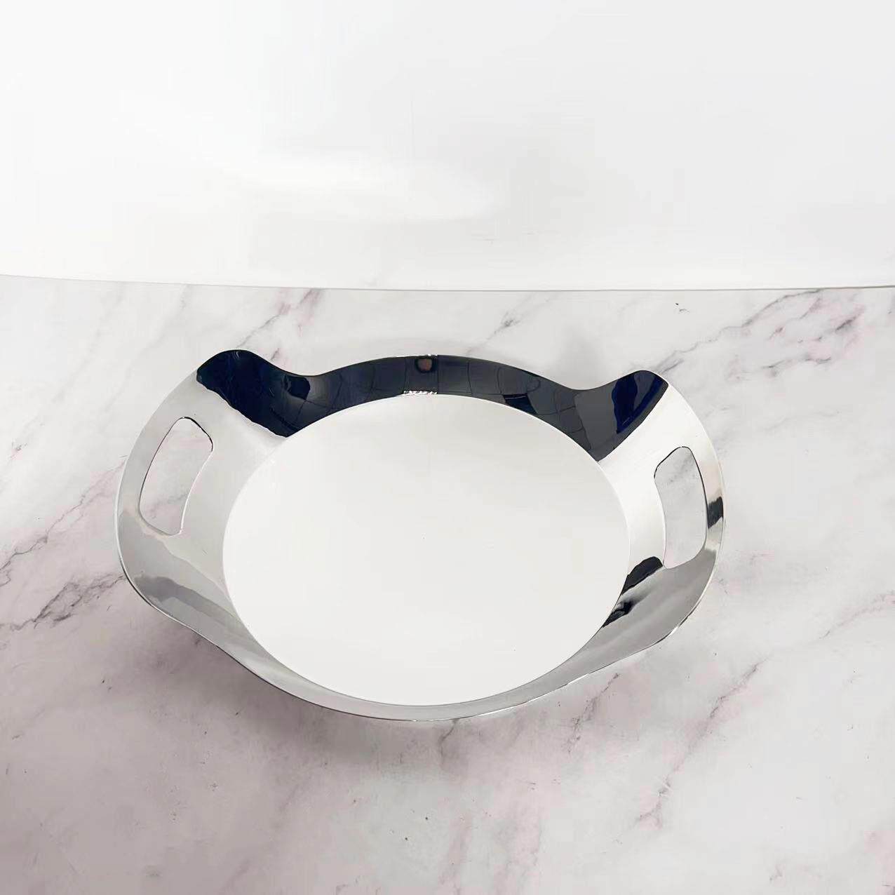 不锈钢304圆形提手酒店托盘西餐餐盘轻奢家用酒具甜品盘