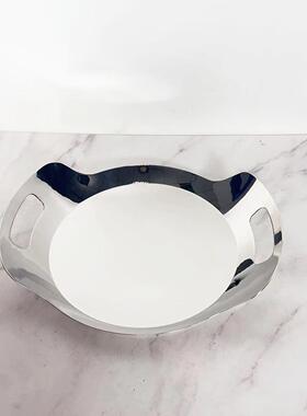 不锈钢304圆形提手酒店托盘西餐餐盘轻奢家用酒具甜品盘