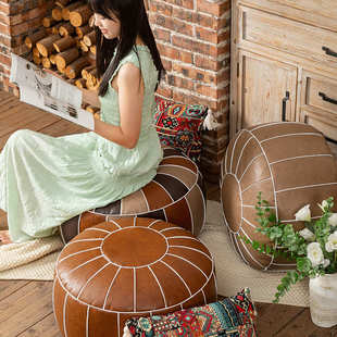 摩洛哥风格 复古坐垫免洗坐墩蒲团 坐垫油蜡皮坐墩简约地上坐垫美式