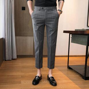 男休闲裤西裤秋季九分裤秋士裤子条纹商务西装裤修身小脚裤0202k